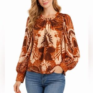 Rachael Zoe Brown Gold Boho Long Sleeve Blouse Floral Tropical Lightweight Top S